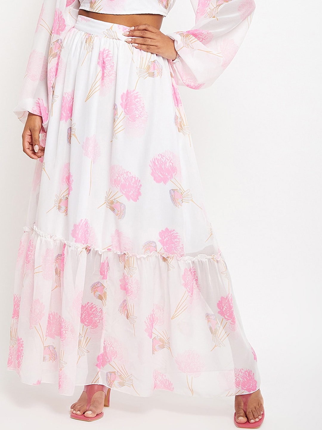 

Bitterlime Floral Printed Maxi Flared Skirt, White