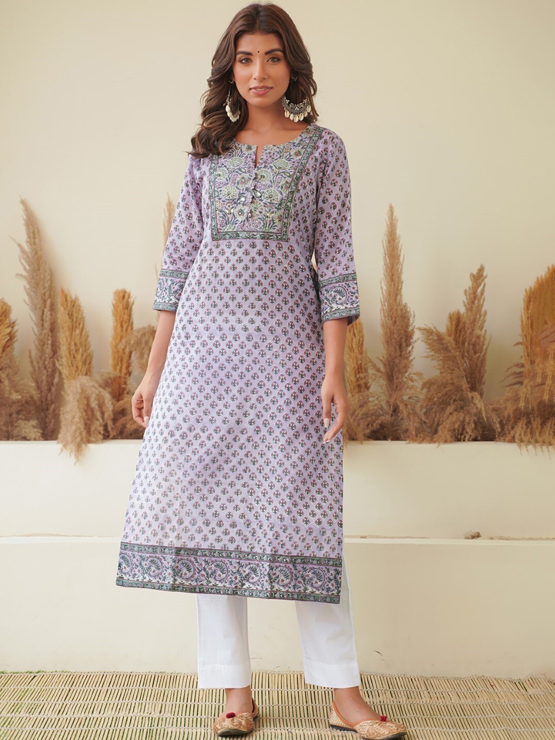 

JAIPURIBANNO Floral Printed Regular Pure Cotton Kurta With Trousers & Dupatta, Peach