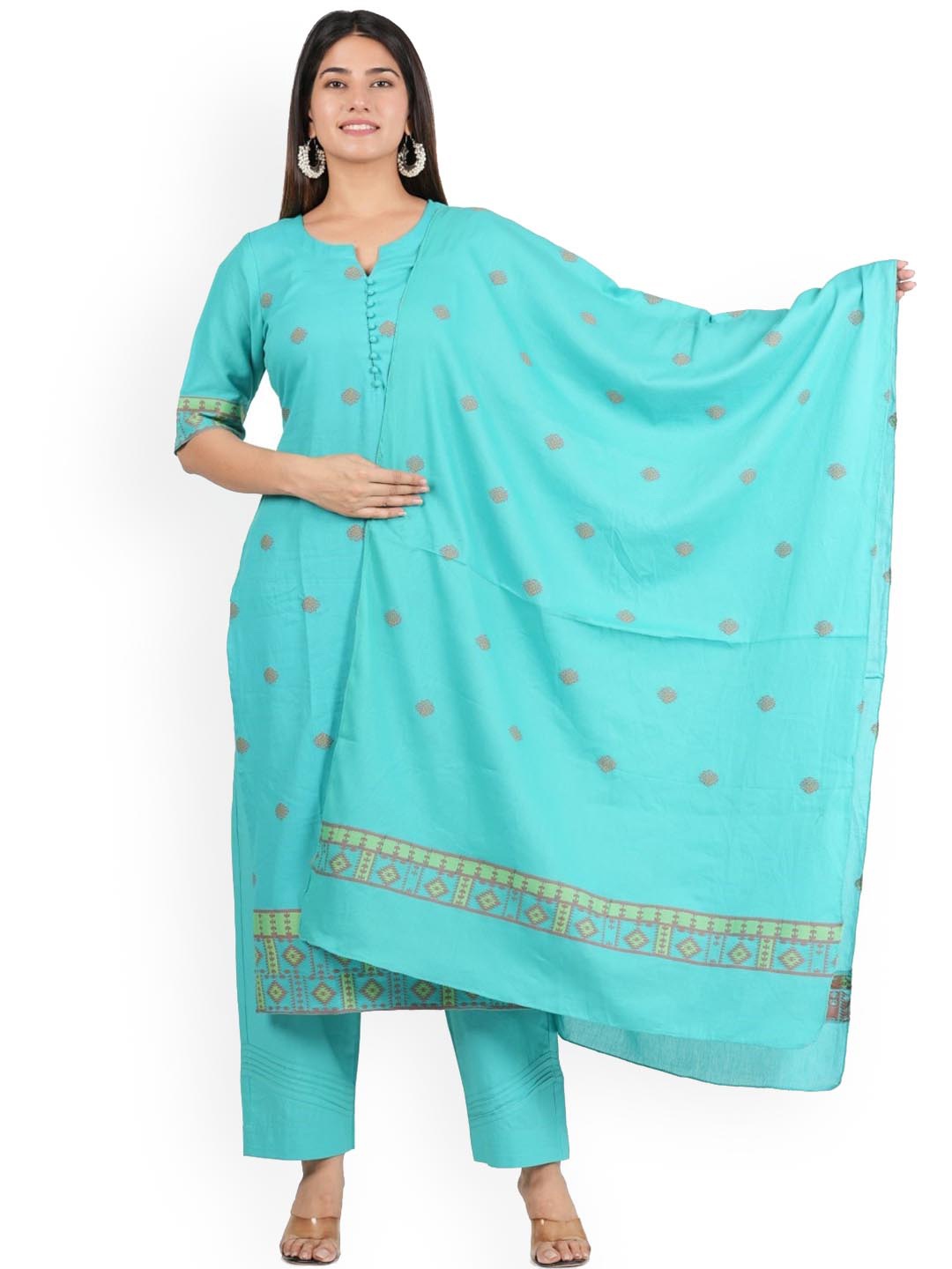 

JAIPURIBANNO Ethnic Motifs Printed Pure Cotton Straight Kurta & Trousers With Dupatta, Turquoise blue