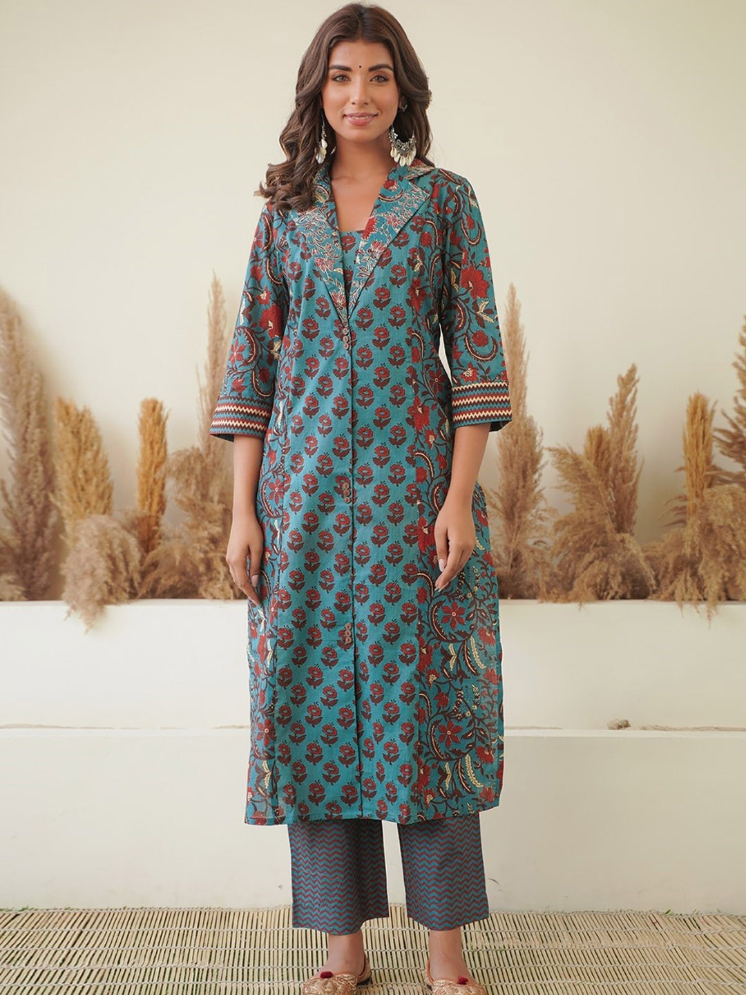 

JAIPURIBANNO Floral Printed Regular Pure Cotton Kurta With Palazzos & Dupatta, Blue