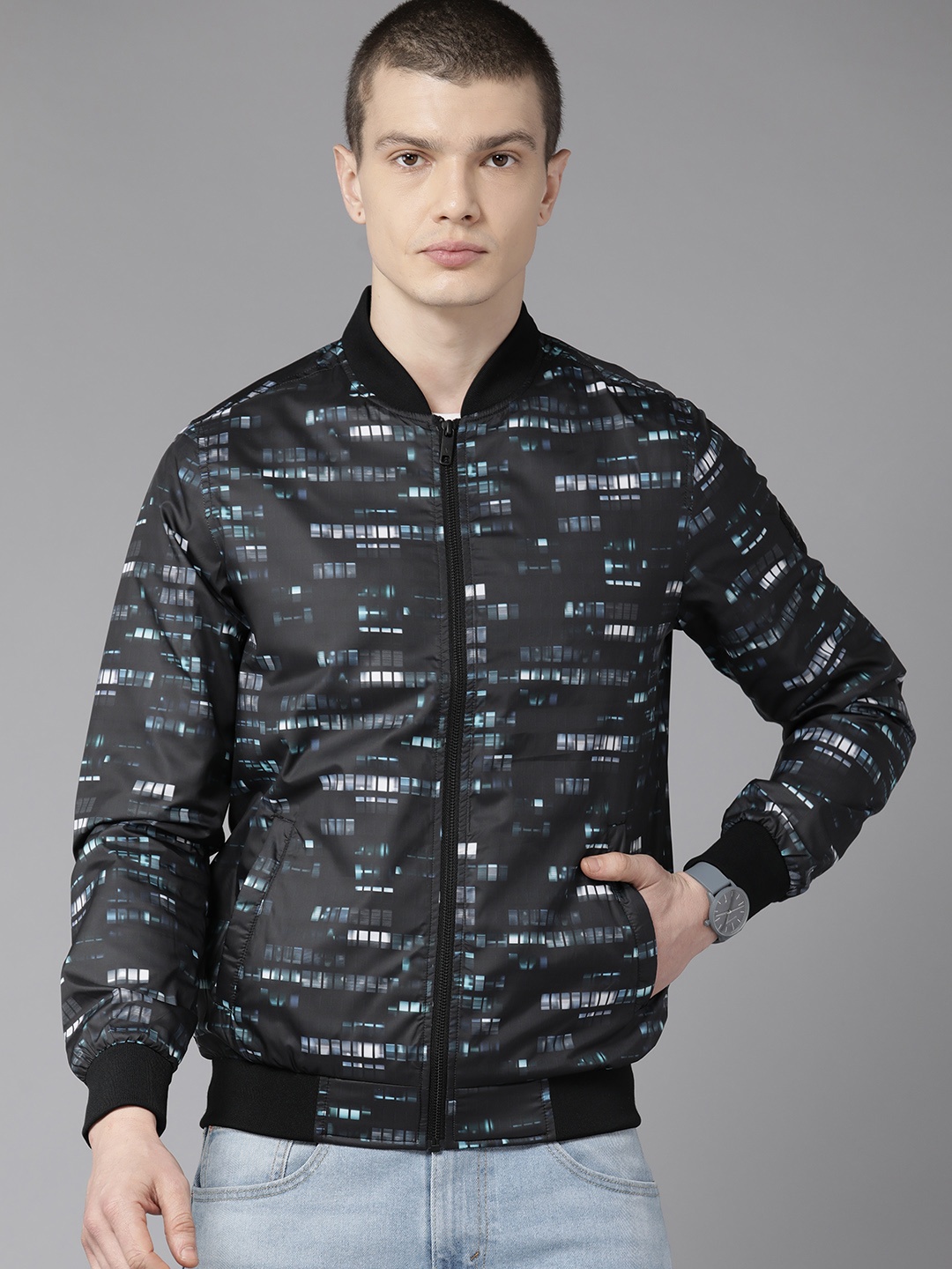 

Van Heusen Stand Collar Geometric Printed Slim Fit Bomber Jacket, Black