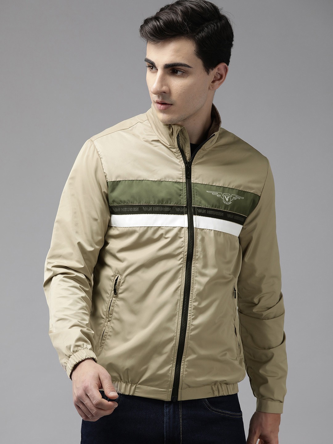 

Van Heusen Striped Mock Collar Reflective Detailed Bomber Jacket, Beige