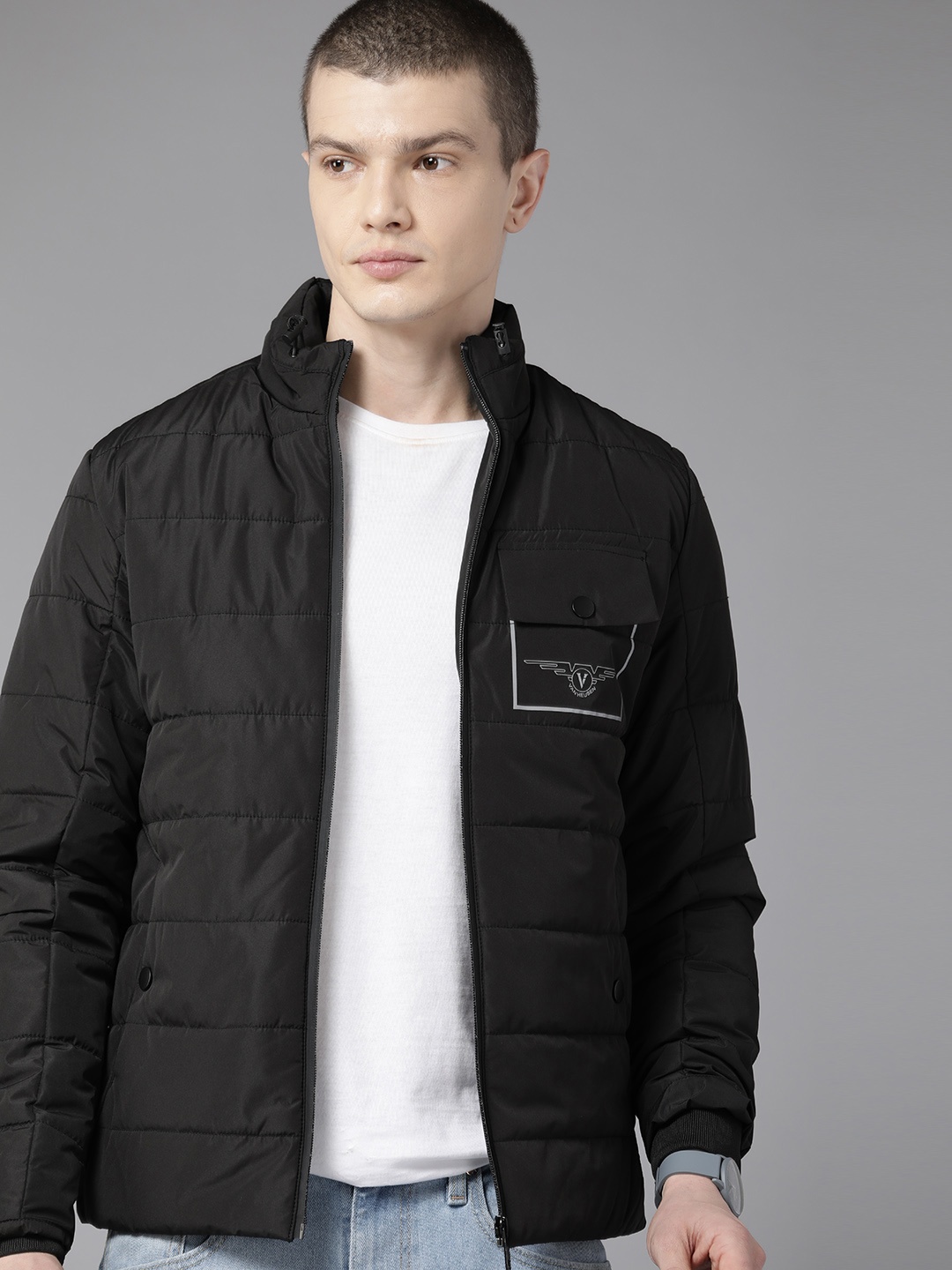 

Van Heusen Brand Logo Printed Mock Pocket Detailed Slim Fit Padded Jacket, Black