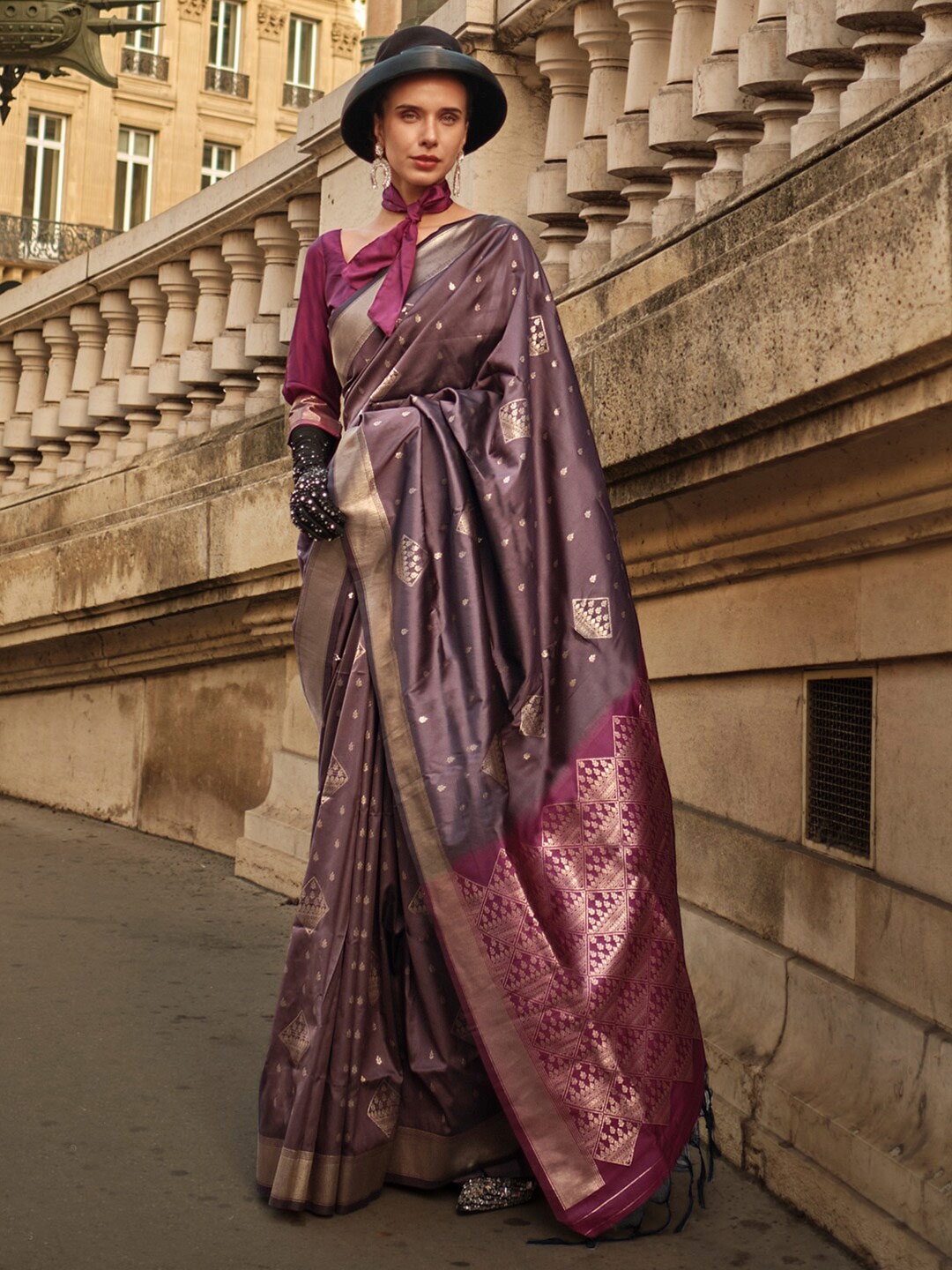 

Mitera Burgundy Ethnic Motifs Woven Design Zari Pure Silk Banarasi Saree