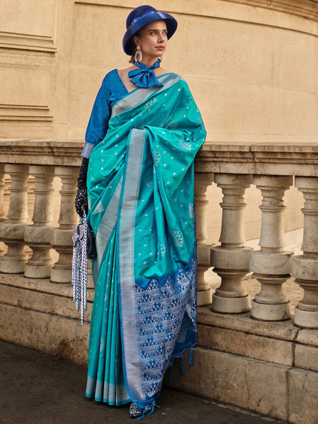 

Mitera Blue Ethnic Motifs Woven Design Zari Pure Silk Banarasi Saree