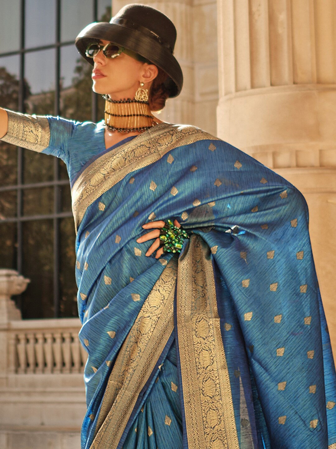 

Mitera Blue & Gold-Toned Ethnic Motif Woven Design Zari Banarasi Saree