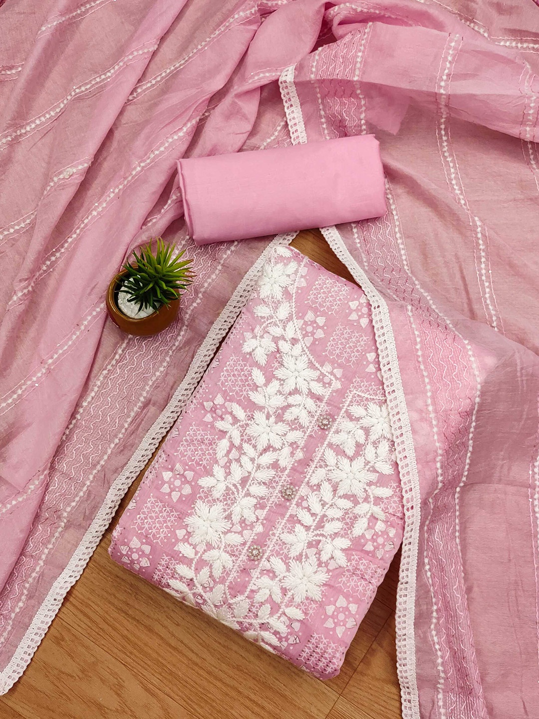 

KALINI Floral Embroidered Unstitched Dress Material, Pink