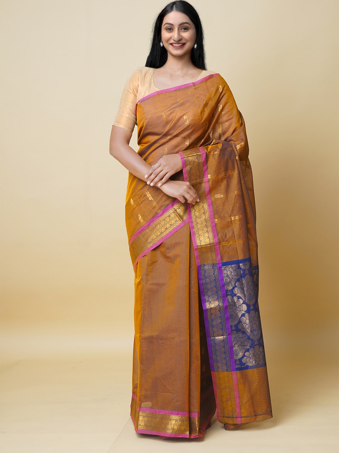 

Unnati Silks Ethnic Motifs Woven Design Zari Pure Cotton Gadwal Saree, Brown