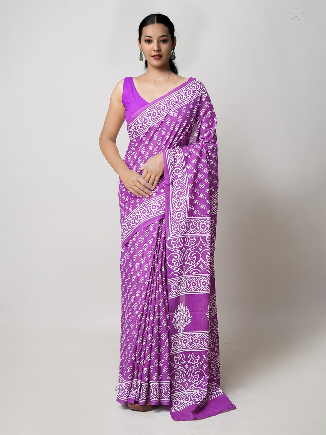 

Unnati Silks Ethnic Motifs Block Printed Zari Pure Cotton Saree, Purple