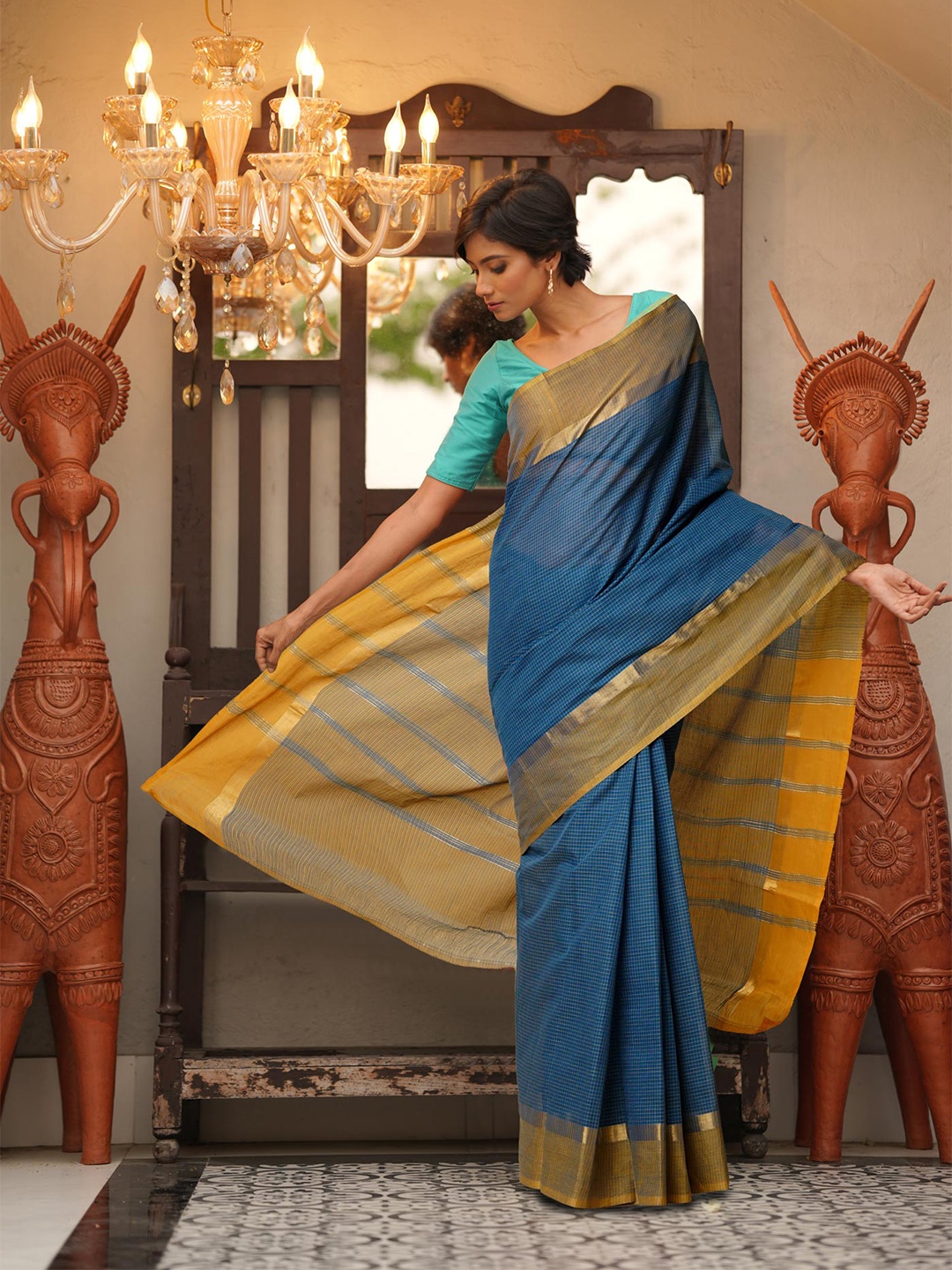 

Unnati Silks Checked Zari Pure Cotton Mangalagiri Saree, Blue
