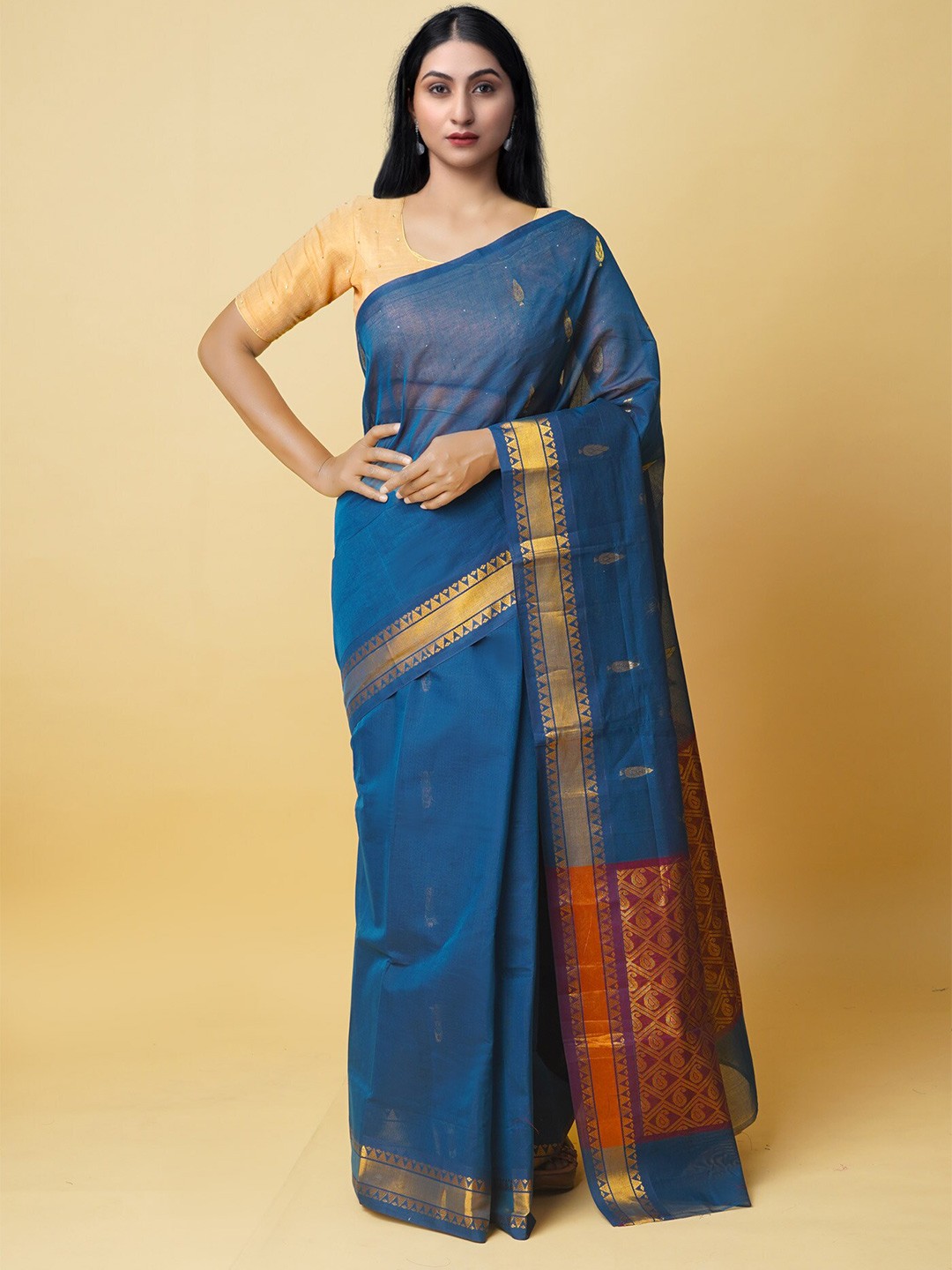 

Unnati Silks Woven Design Zari Pure Cotton Gadwal Saree, Blue