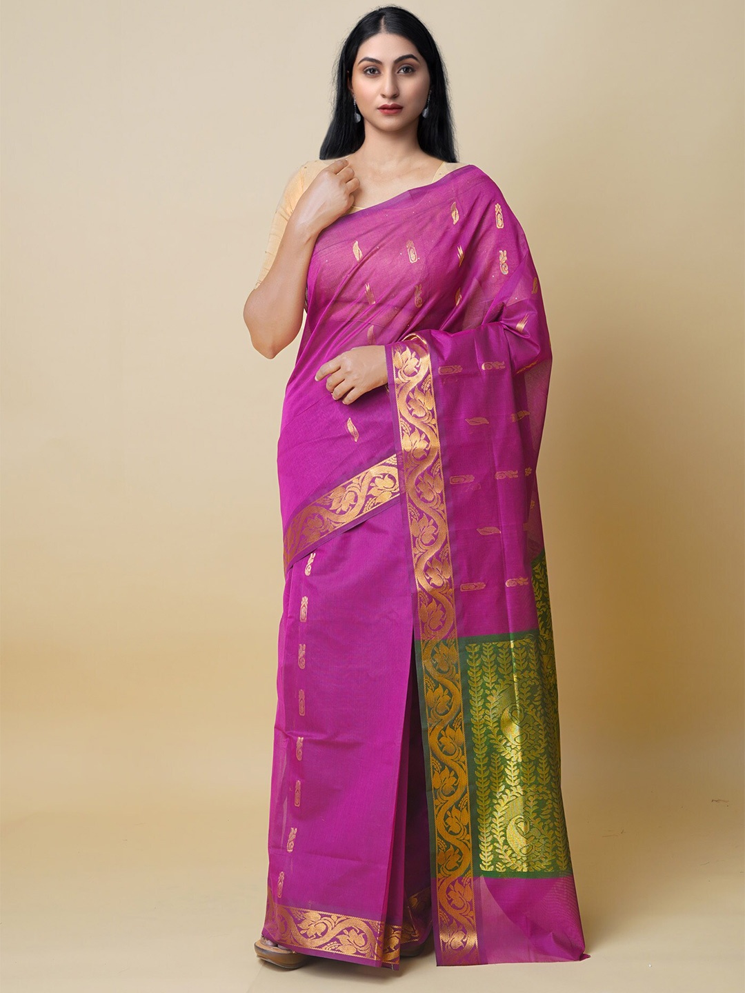 

Unnati Silks Ethnic Motifs Woven Design Zari Pure Cotton Gadwal Saree, Pink