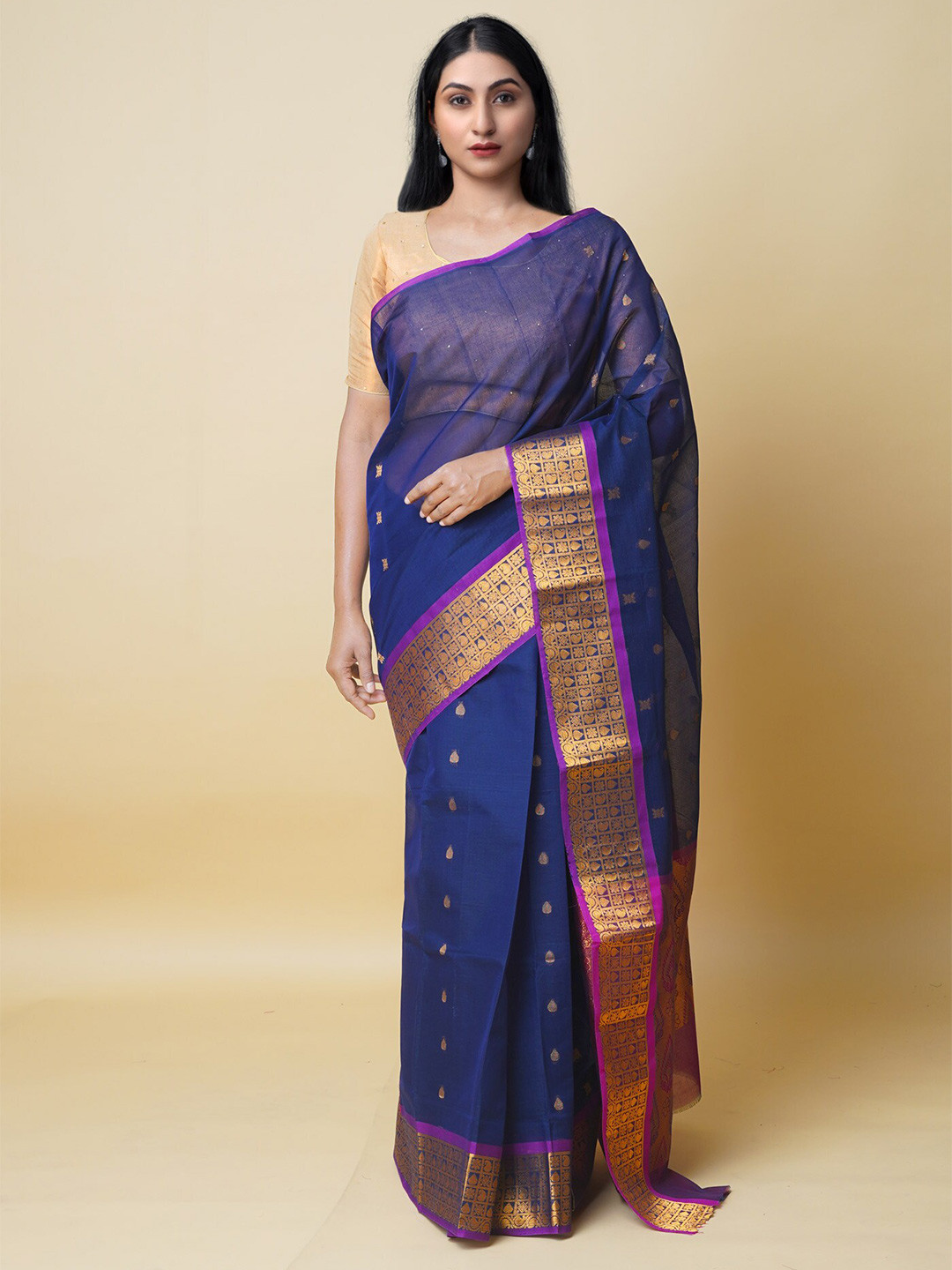 

Unnati Silks Woven Design Zari Pure Cotton Gadwal Saree, Navy blue