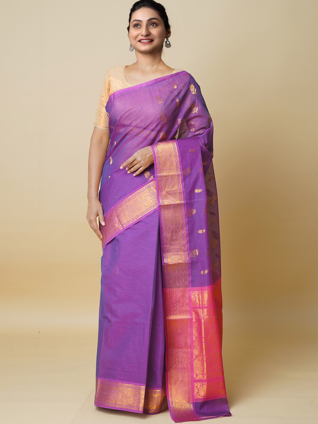 

Unnati Silks Floral Woven Design Zari Pure Cotton Gadwal Saree, Purple