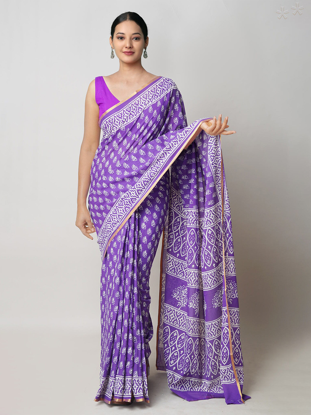 

Unnati Silks Ethnic Motifs Zari Pure Cotton Block Print Saree, Violet