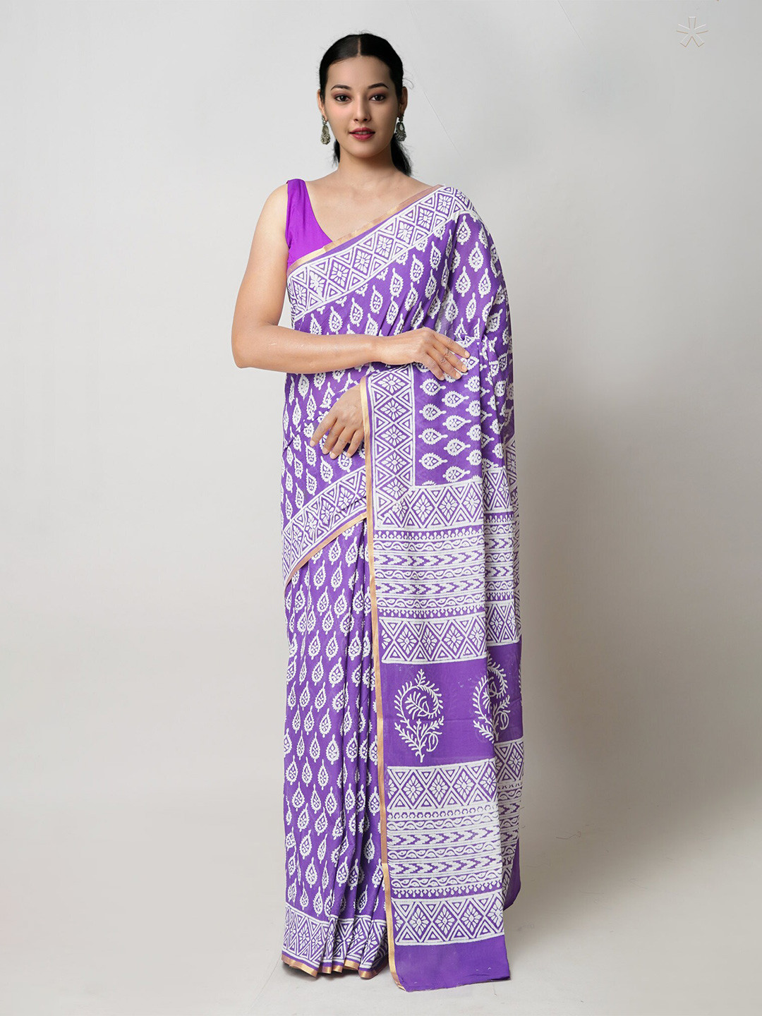 

Unnati Silks Ethnic Motifs Printed Zari Pure Cotton Handloom Block Print Saree, Violet