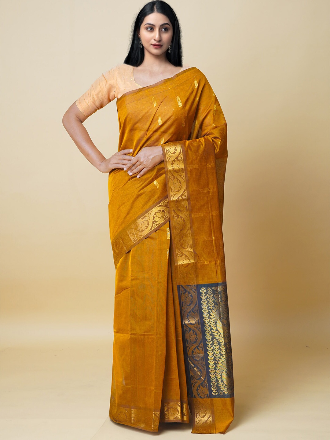 

Unnati Silks Woven Design Zari Pure Cotton Handloom Gadwal Saree, Yellow