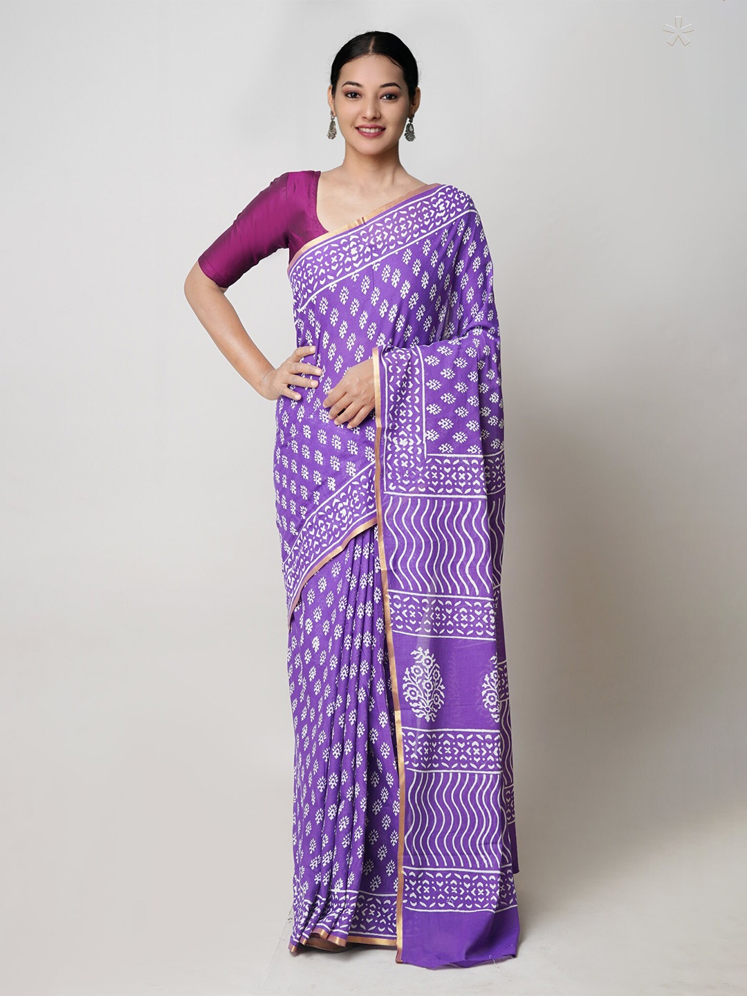 

Unnati Silks Ethnic Motifs Zari Pure Cotton Block Print Saree, Violet