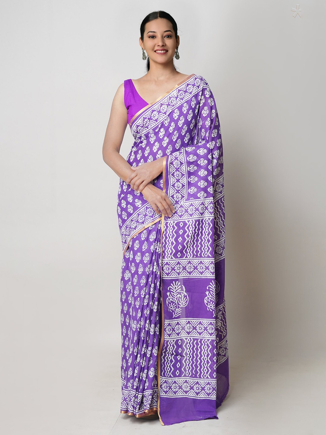 

Unnati Silks Ethnic Motifs Zari Pure Cotton Handloom Block Print Saree, Violet