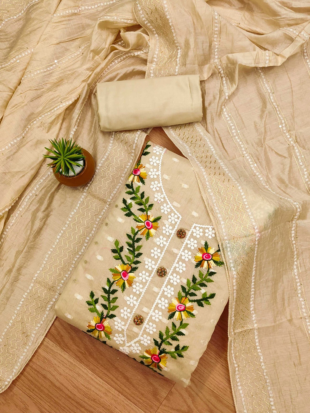 

KALINI Floral Embroidered Art Silk Unstitched Dress Material, Yellow