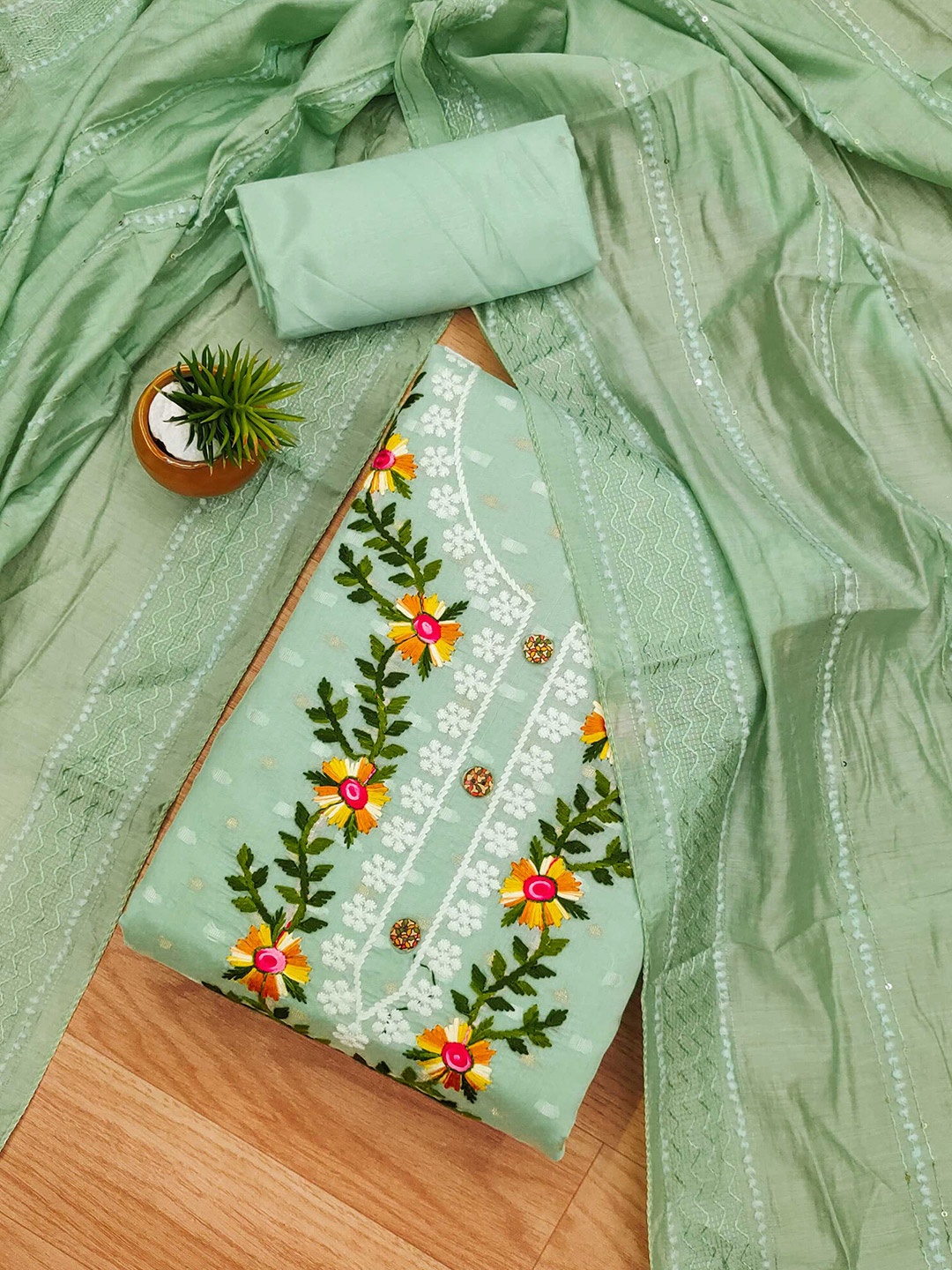 

KALINI Floral Embroidered Unstitched Dress Material, Green