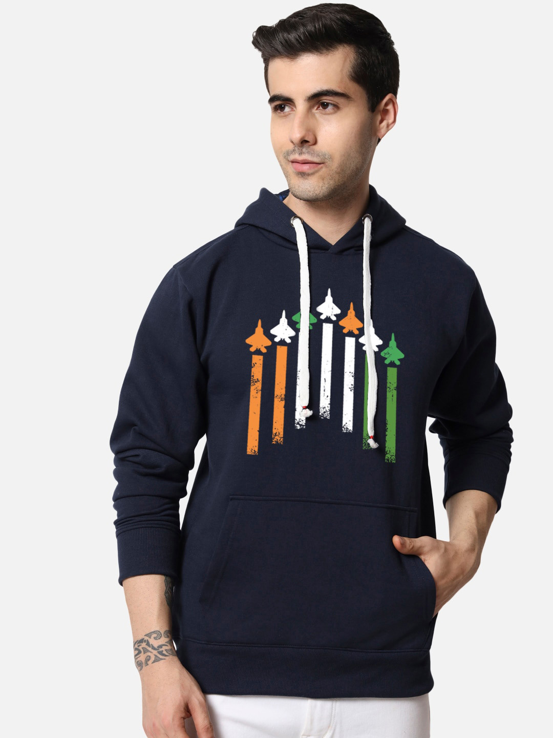 

FFLIRTYGO Geometric Printed Long Sleeves Fleece Hooded Pullover Sweatshirt, Navy blue