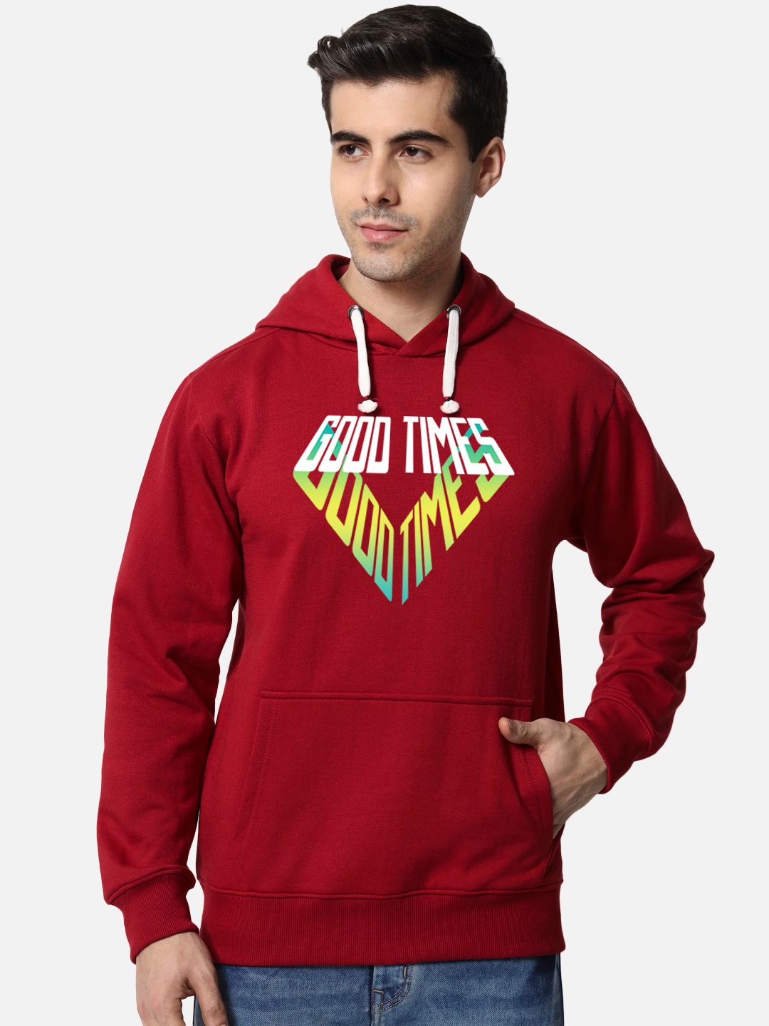 

FFLIRTYGO Typography Printed Long Sleeves Fleece Hooded Pullover Sweatshirt, Red