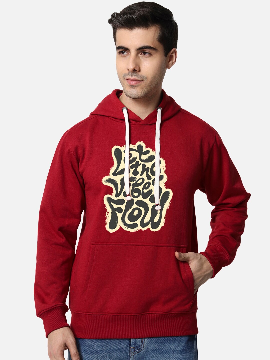 

FFLIRTYGO Typography Printed Long Sleeves Fleece Hooded Pullover Sweatshirt, Red