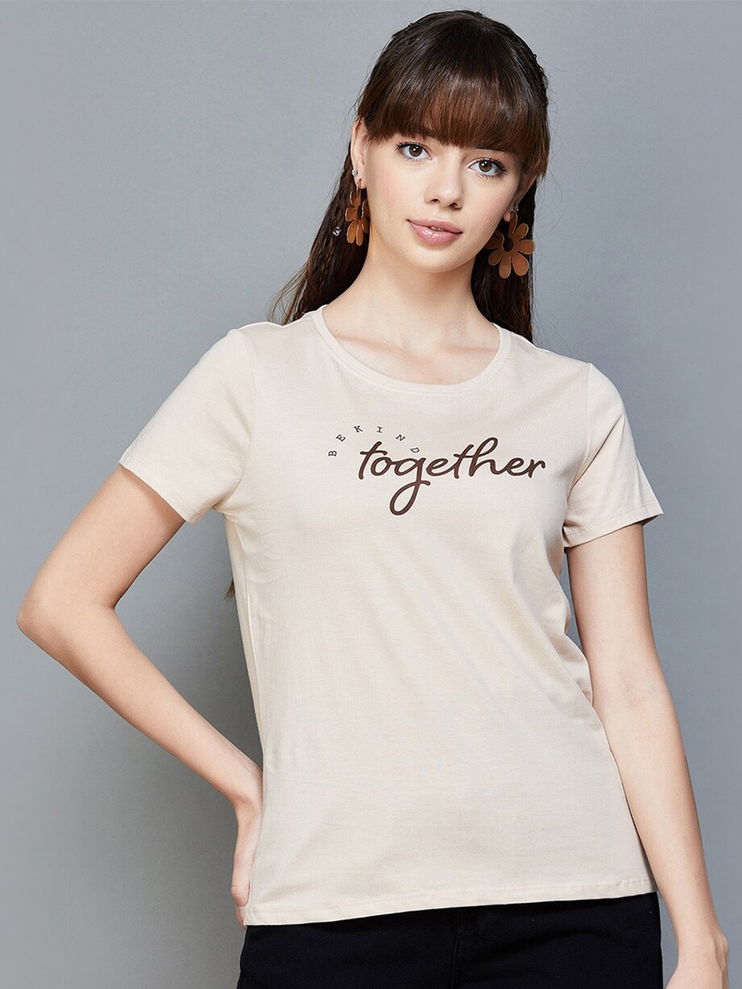 

Fame Forever by Lifestyle Typography Printed Pure Cotton T-Shirt, Beige