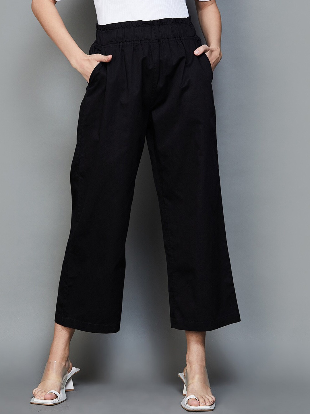 

Colour Me by Melange Women Pure Cotton Cropped Culottes Trousers, Black