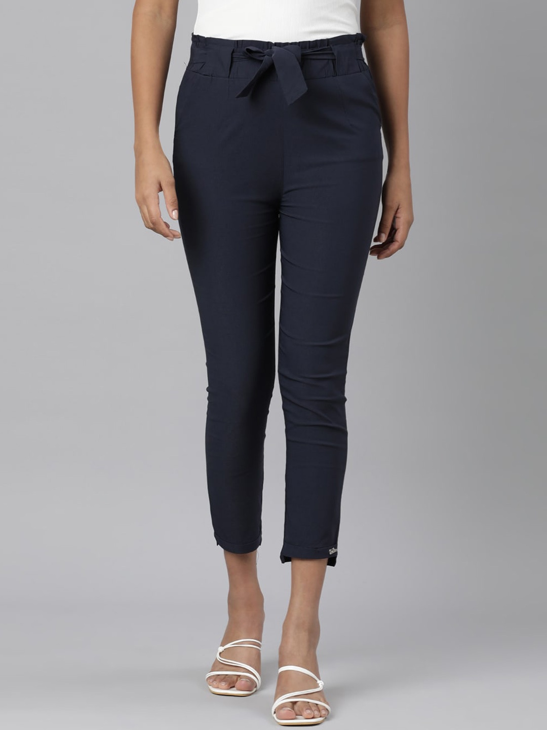 

SHOWOFF Women Relaxed Straight Leg Slim Fit Wrinkle Free Cotton Cigarette Trousers, Navy blue