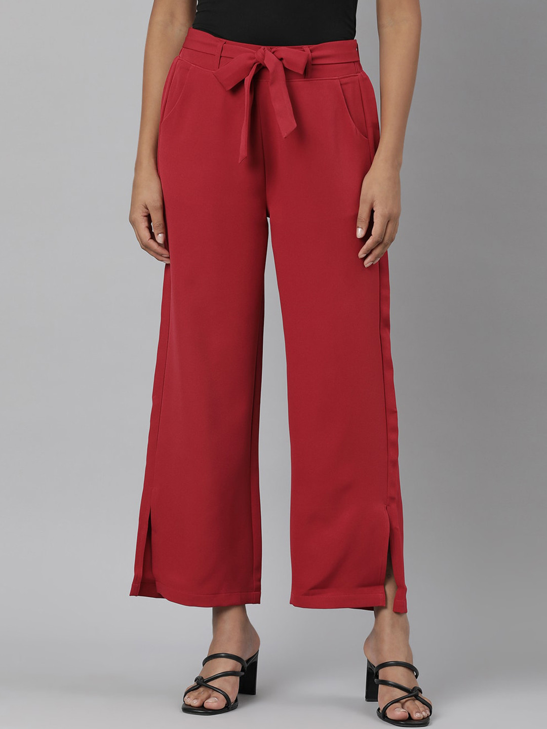 

SHOWOFF Women Relaxed Straight Leg Straight Fit Wrinkle Free Cotton Parallel Trousers, Red