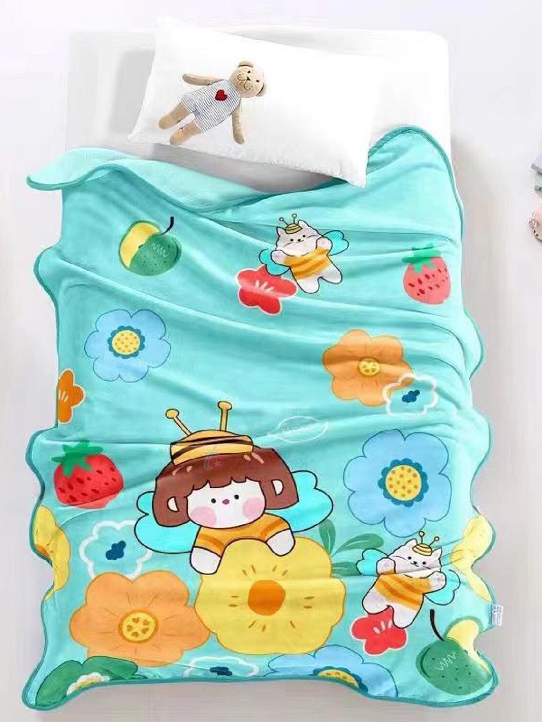 

Butterthief Green & Yellow Cartoon Characters Fleece AC Room Single Bed Blanket