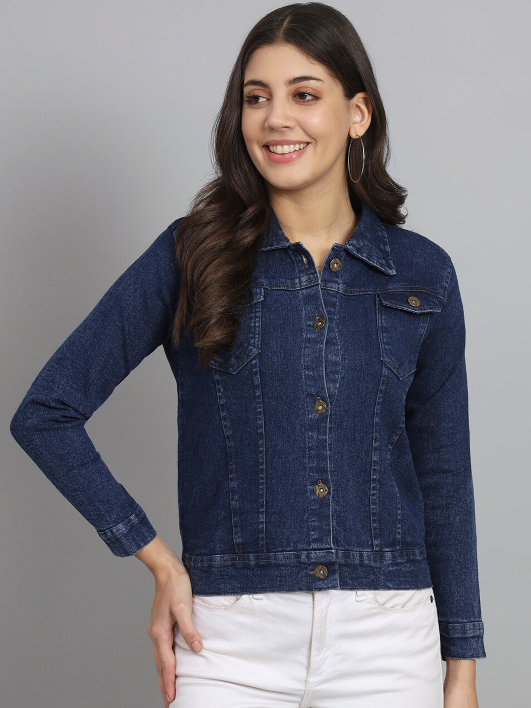 

urSense Washed Lightweight Pure Cotton Crop Denim Jacket, Navy blue