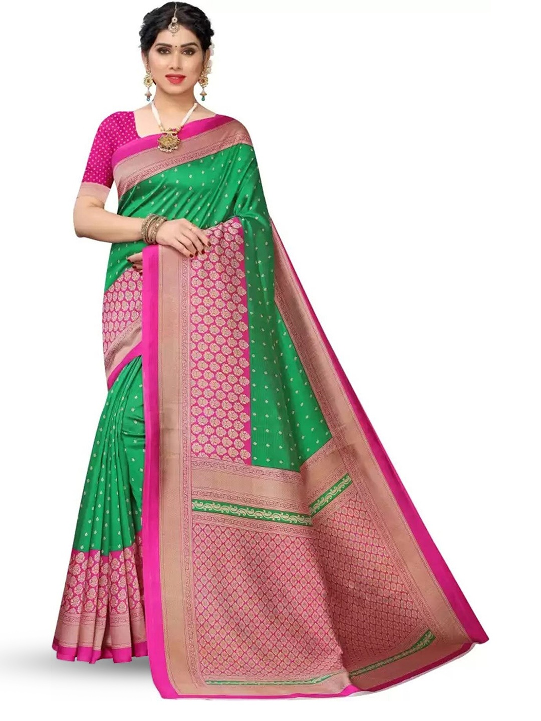 

KALINI Ethnic Motifs Printed Banarasi Saree, Green