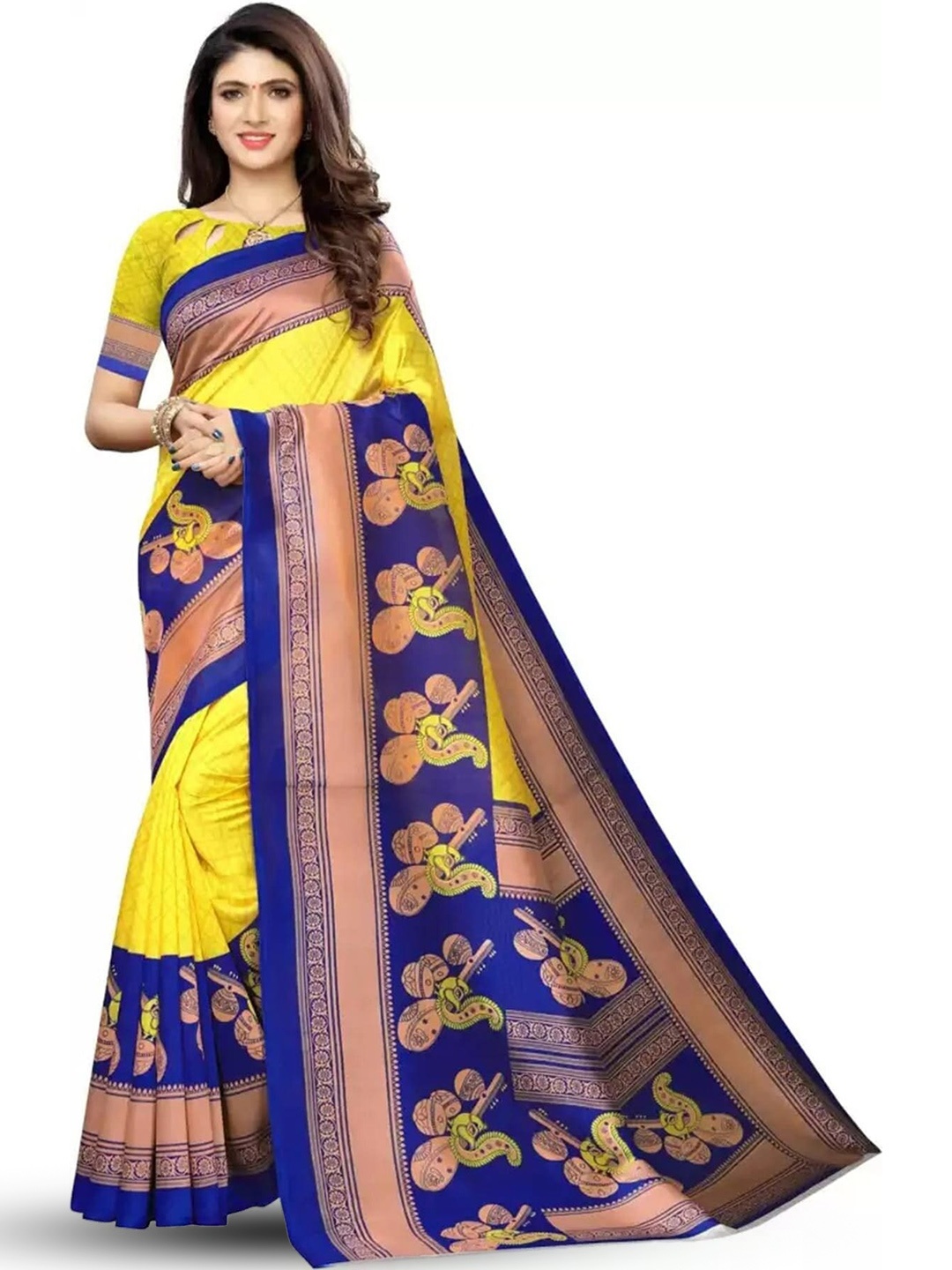 

KALINI Abstract Printed Zari Banarasi Saree, Yellow