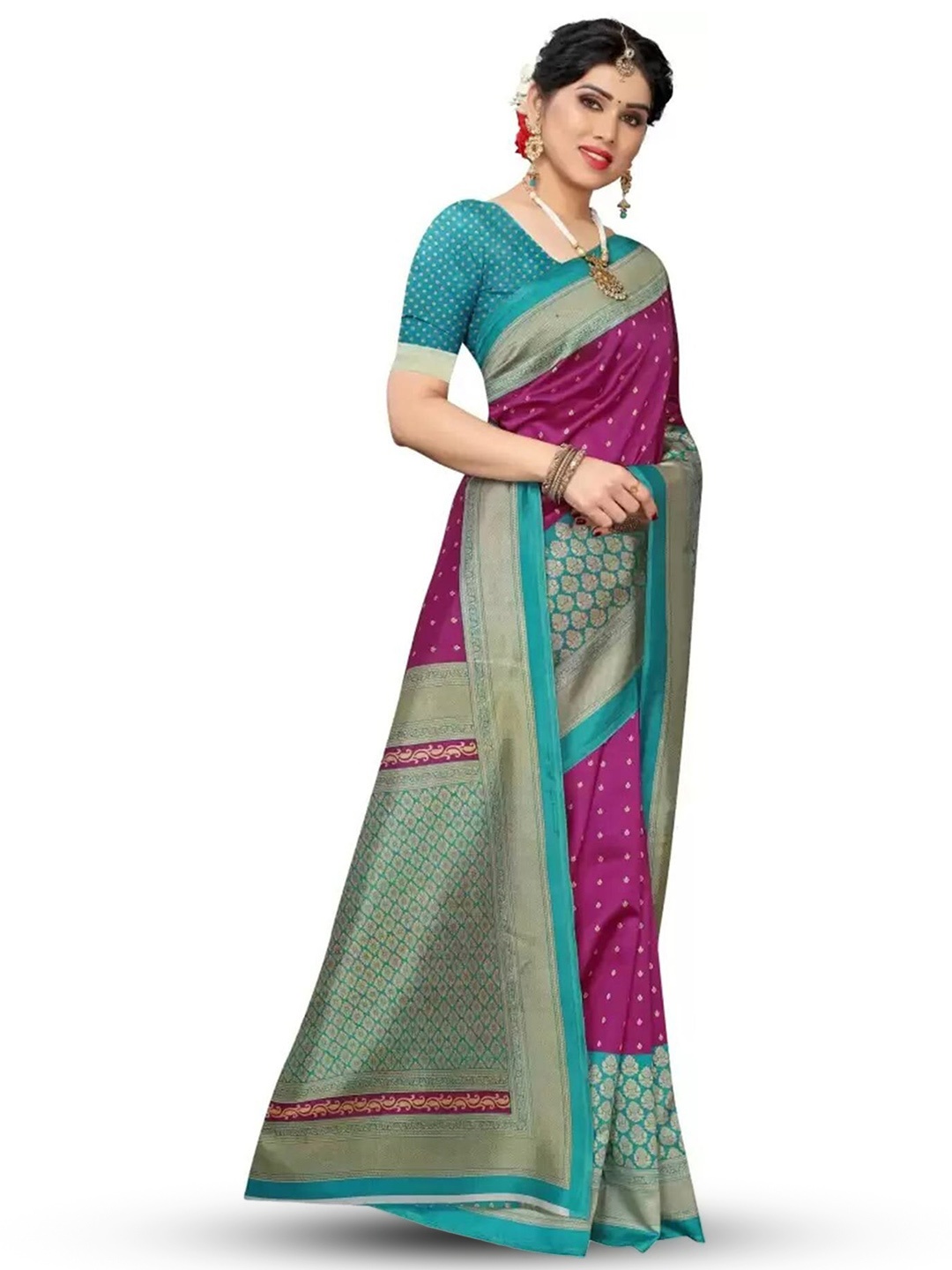

KALINI Ethnic Motifs Printed Art Silk Banarasi Saree, Blue