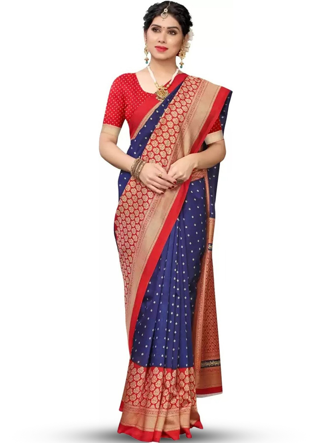 

KALINI Ethnic Motifs Printed Art Silk Banarasi Saree, Red