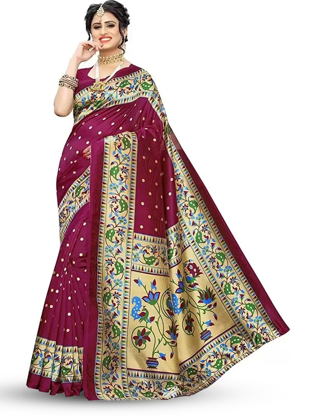 

KALINI Ethnic Motifs Printed Art Silk Banarasi Saree, Maroon