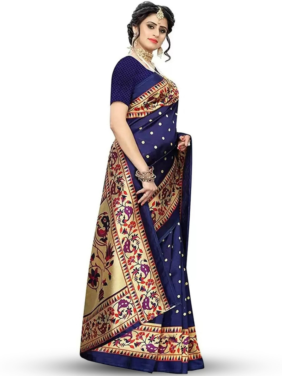 

KALINI Ethnic Motifs Printed Art Silk Banarasi Saree, Navy blue