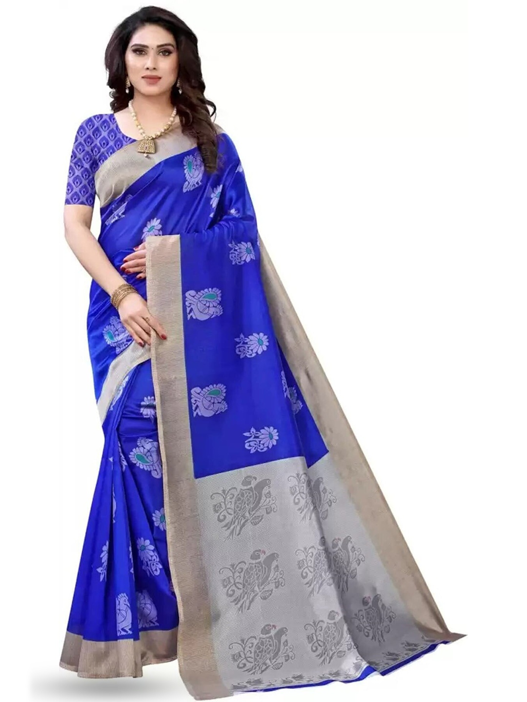 

KALINI Ethnic Motifs Printed Zari Art Silk Banarasi Saree, Blue