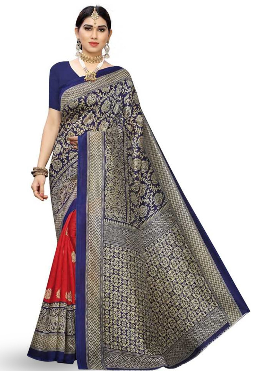 

KALINI Ethnic Motifs Printed Art Silk Banarasi Saree, Red
