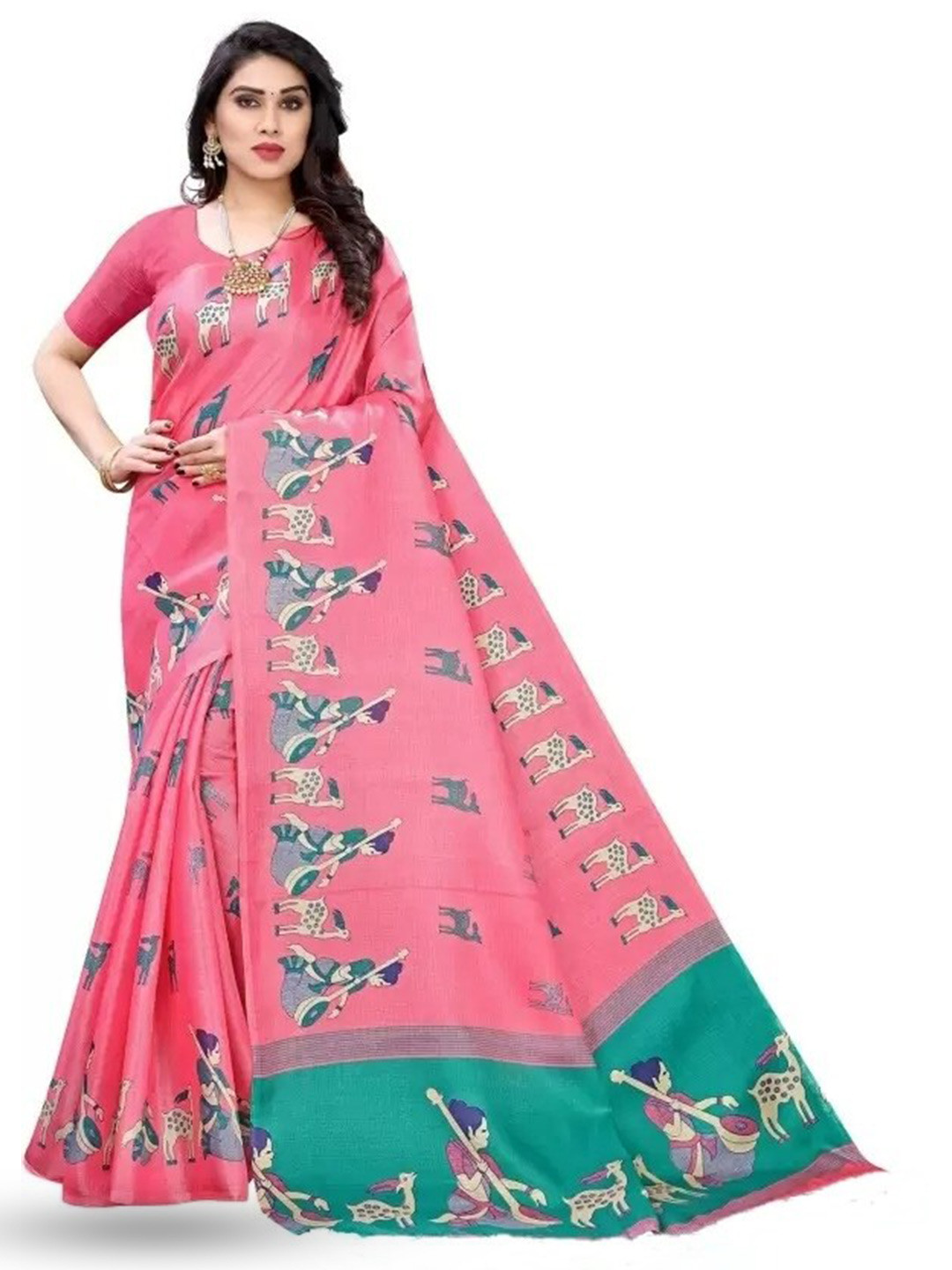 

KALINI Ethnic Motifs Printed Art Silk Banarasi Saree, Pink