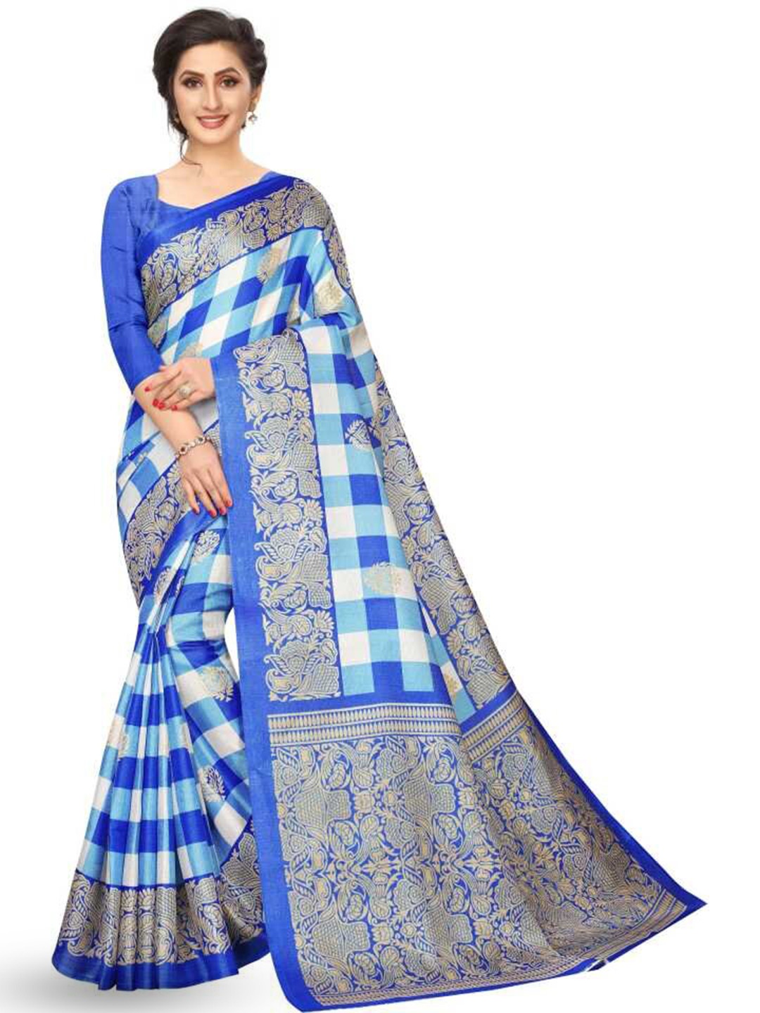 

KALINI Checked Woven Design Border Saree, Blue