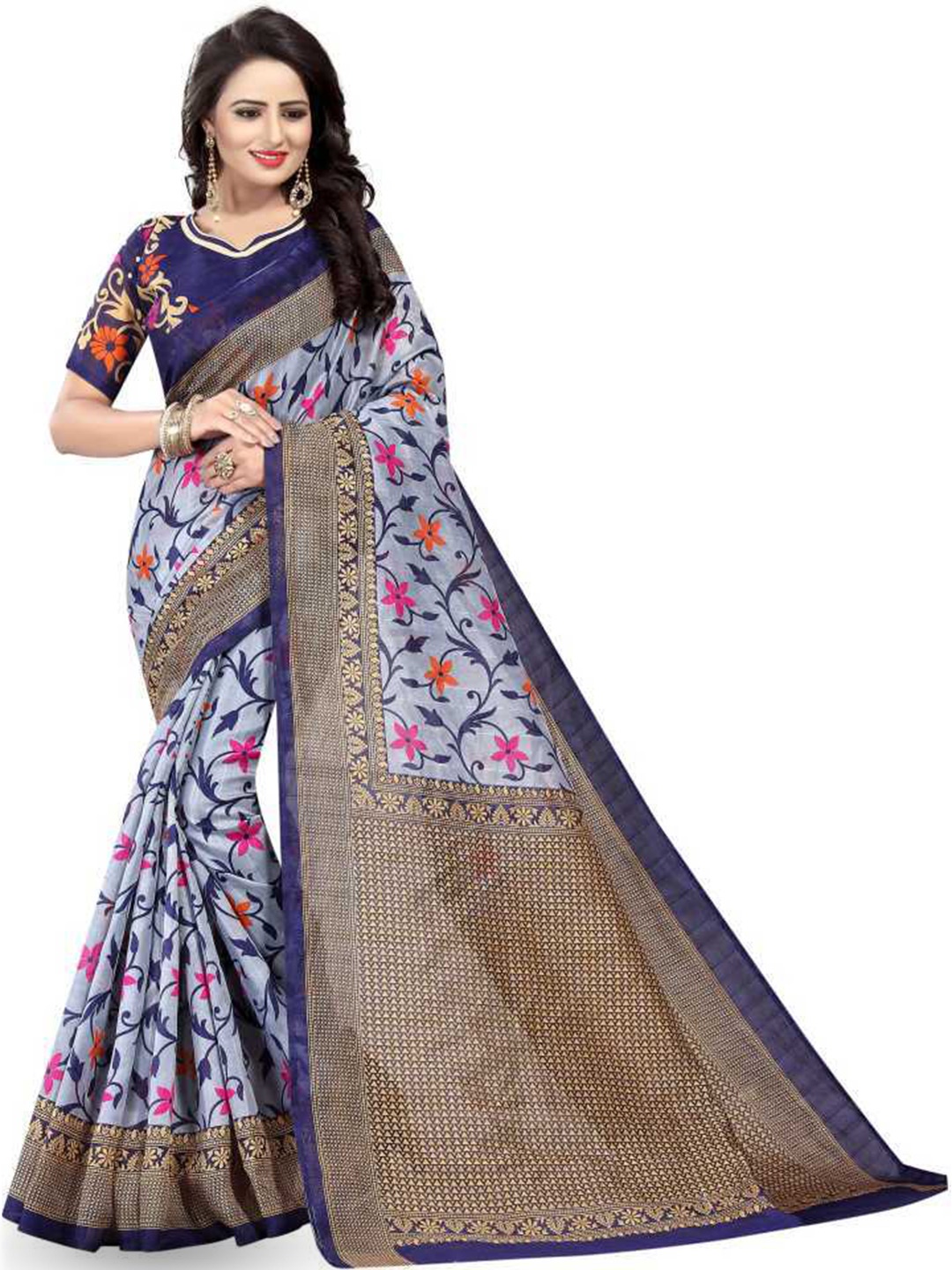 

KALINI Floral Printed Banarasi Saree, Grey