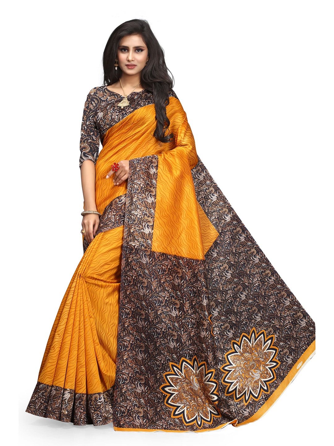 

KALINI Ethnic Motifs Printed Art Silk Banarasi Saree, Mustard