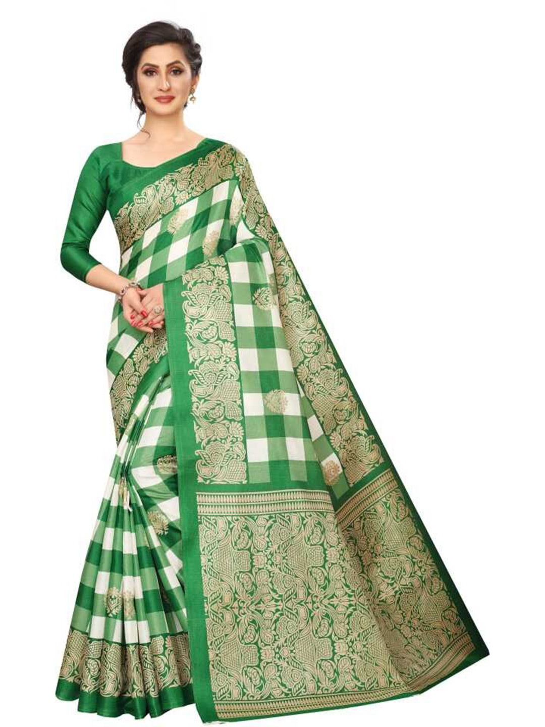 

KALINI Checked Banarasi Saree, Green