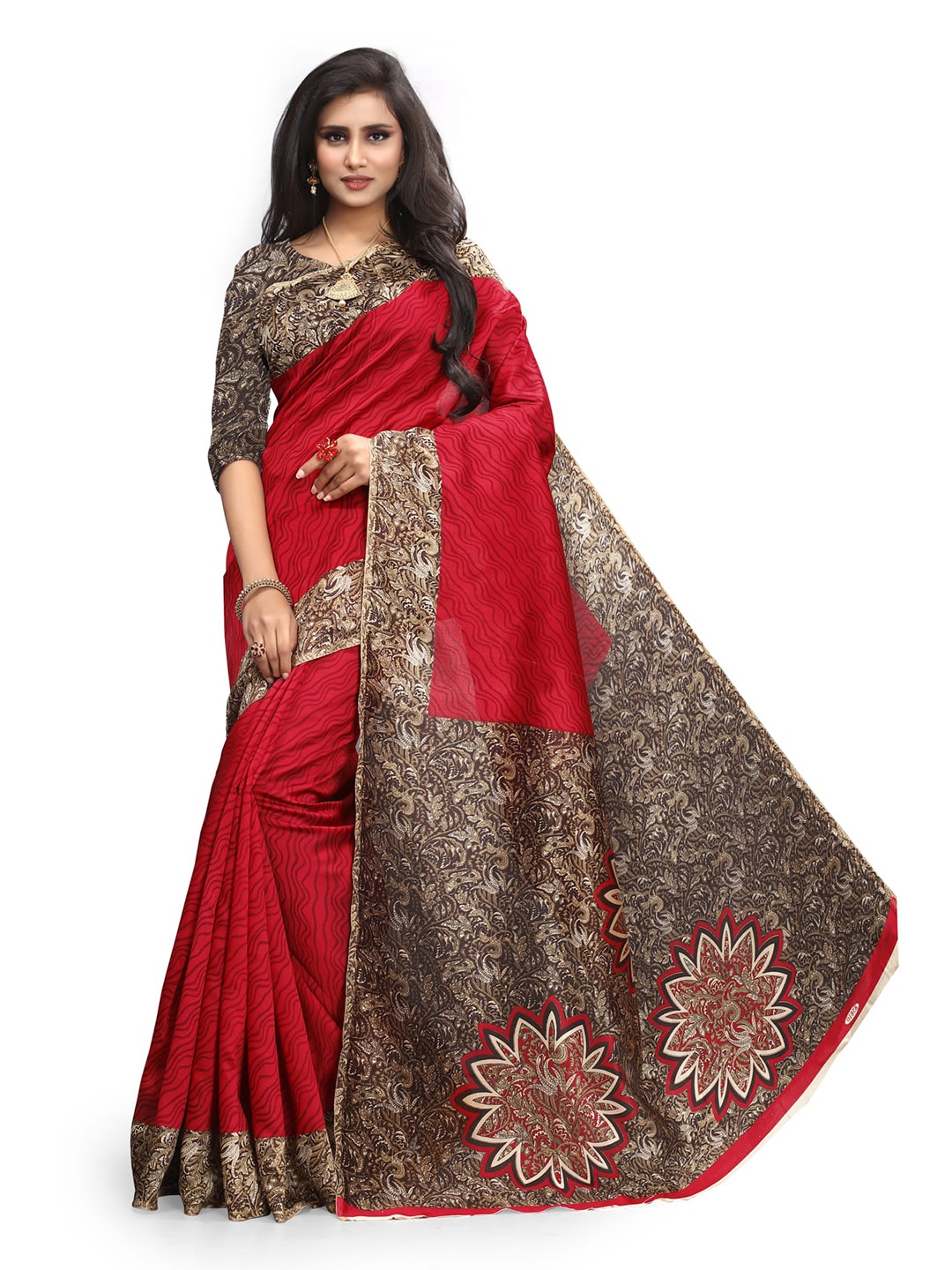 

KALINI Geometric Printed Banarasi Saree, Red