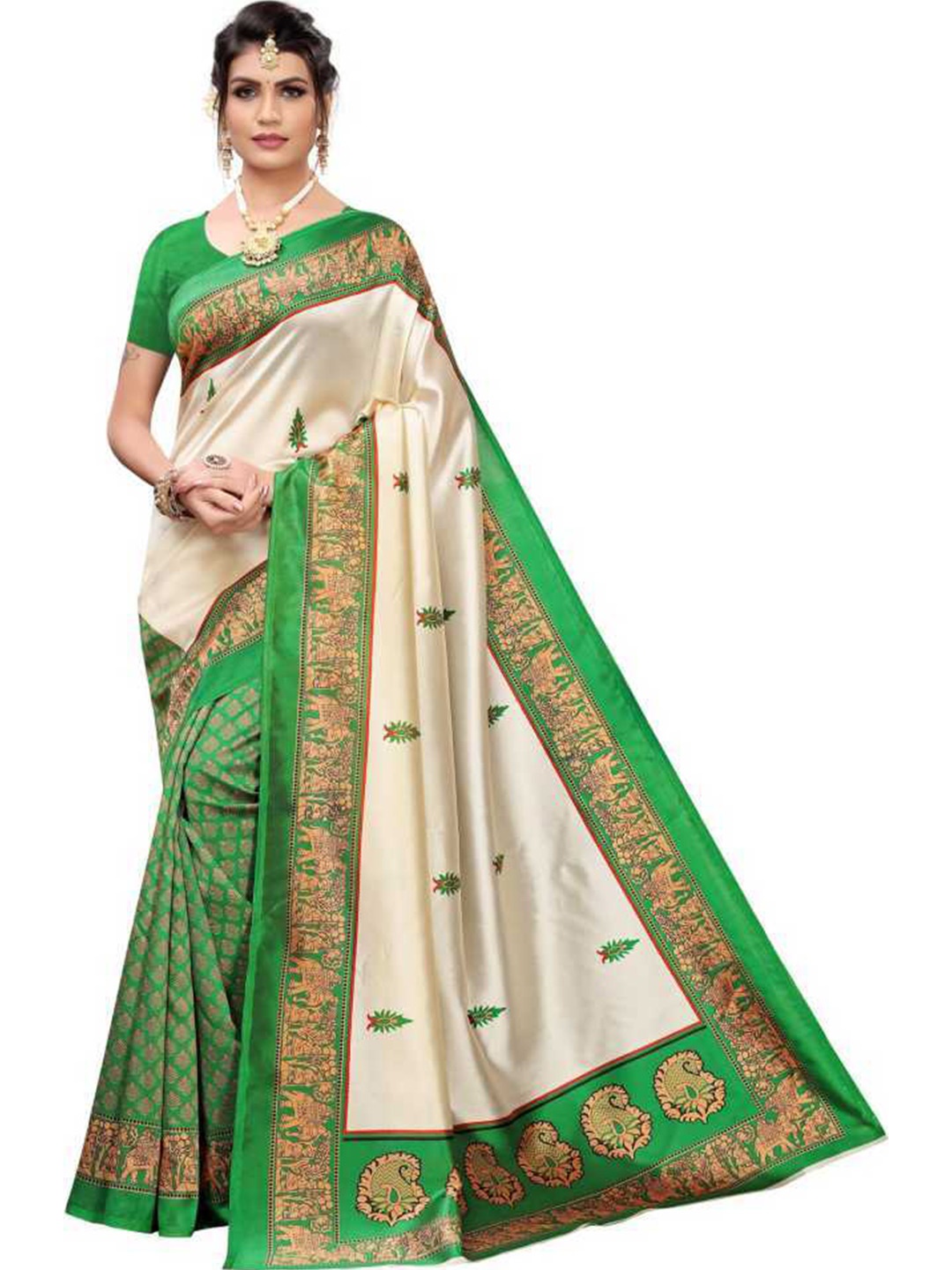 

KALINI Ethnic Motifs Printed Half and Half Saree, Cream