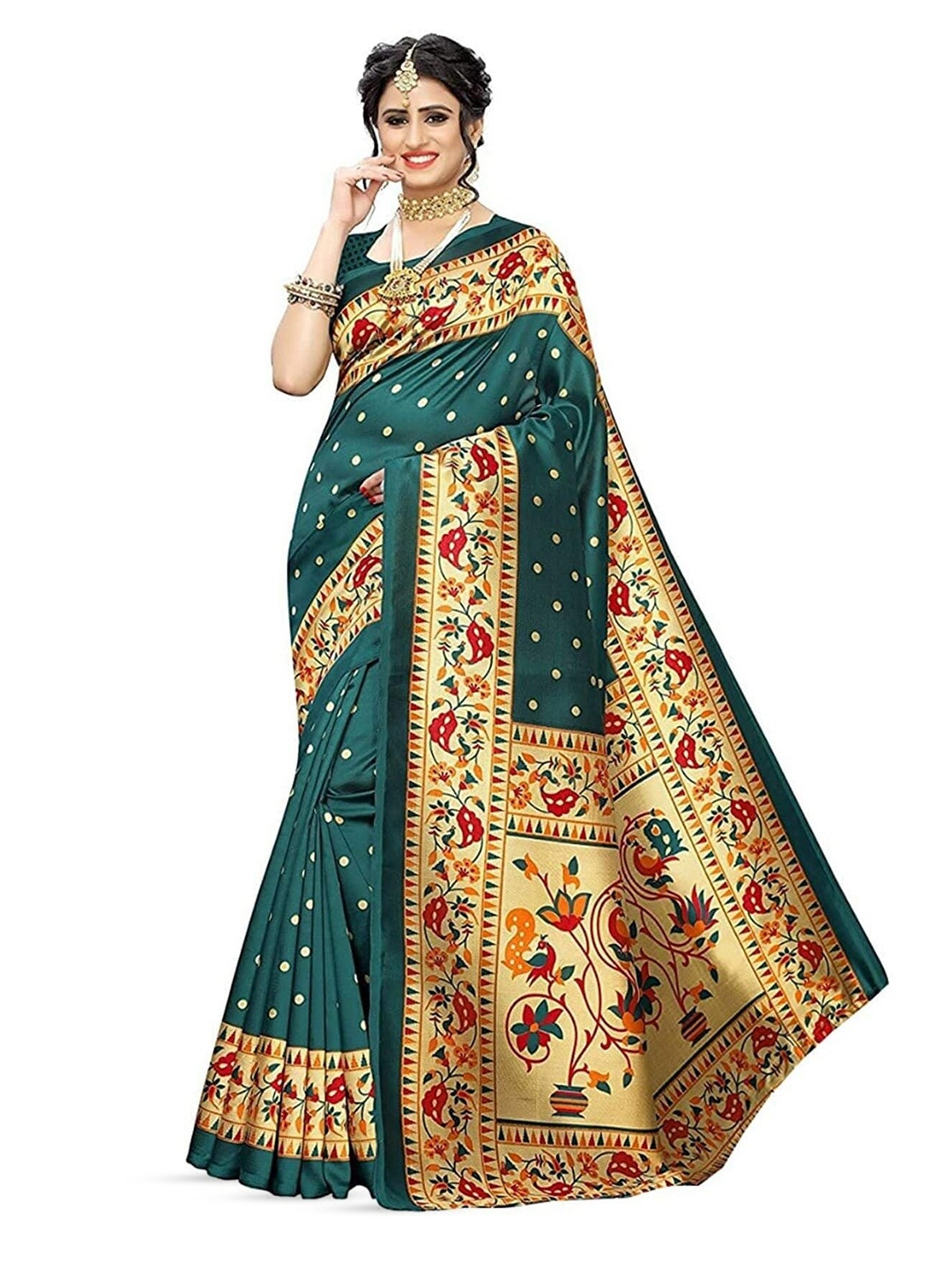 

KALINI Ethnic Motifs Printed Art Silk Banarasi Saree, Green